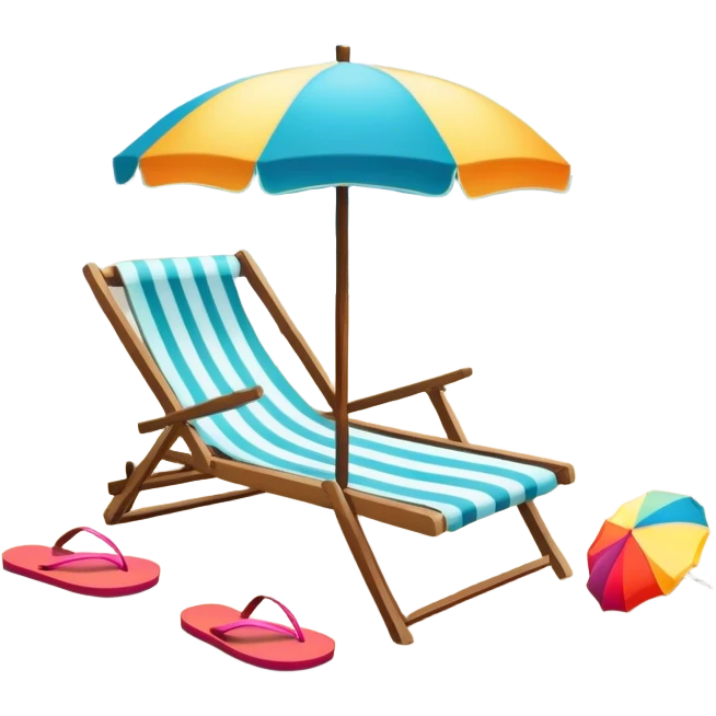 Icon for Beach Tourism: a sunny beach with the sea and waves, a lounge chair, a sun umbrella, and flip-flops on the sandy shore. The background should be a clear, vibrant ocean view with the sun shining brightly. Transparent background. emoji