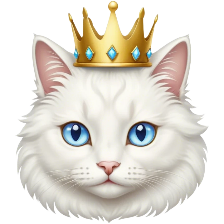 white fluffy cat with blue eyes wearing a crown emoji