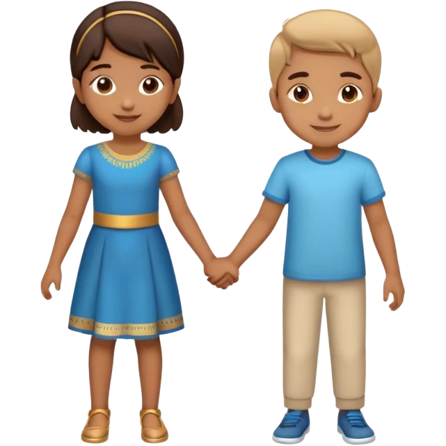 Indian boy and girl holding hands, boy lighter brown, girl medium brown, both children age 5-6, cheerful expressions emoji