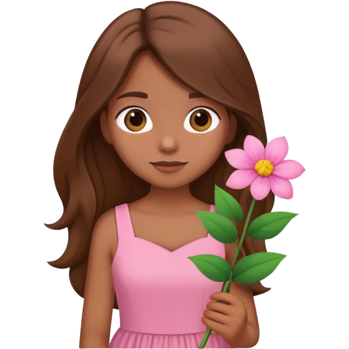 brown long haired girl in pink dress with a flower emoji