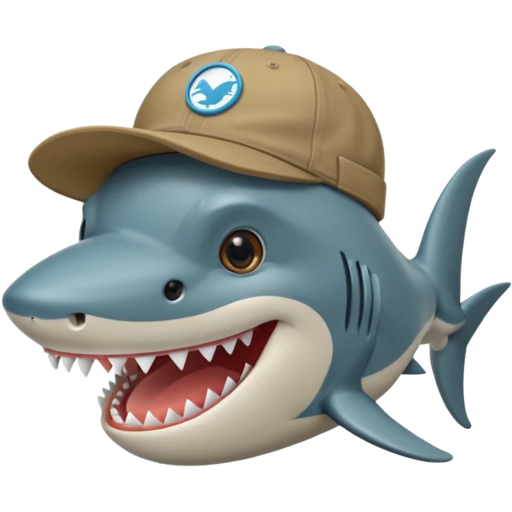 Un tiburón con aspecto gruñón pero con una sonrisa, que tenga una gorra de la marca barbas hats hacia atrás emoji