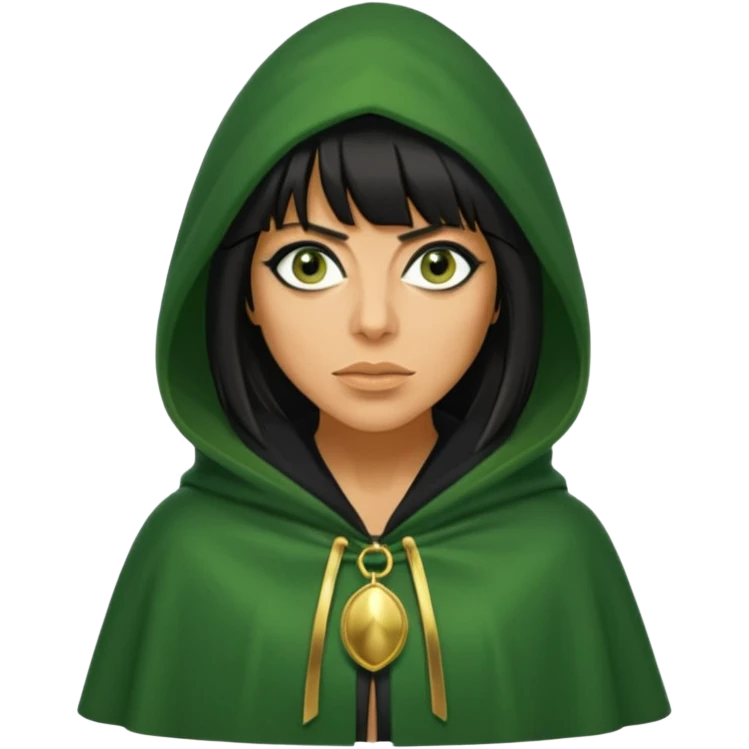 claudia winkleman with a heavy fringe and a fake tan as a traitor with a green hooded cloak with a gold clasp and dark black eyeliner emoji