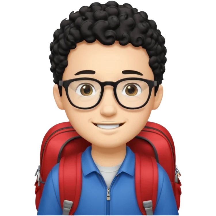 A young boy DEVELOPER WITH A backpack, black curly short hair, wearing glasses, a thin goatee, his skin is white, riding a scholar bus emoji