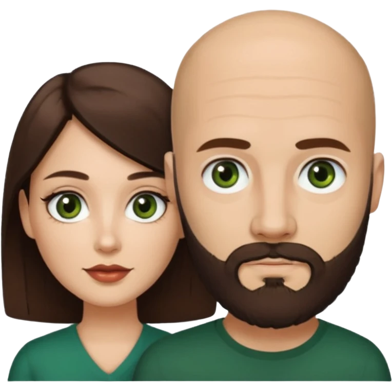 Man beard bald white dark green eyes, woman medium hair brown brown eyed latina, they have different eye color man dark green woman dark brown emoji