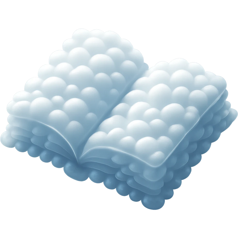 top view of a thick open book made entirely of small, very bright white fluffy convex clouds, matte glass style, emphasis on volume and airiness, no background emoji