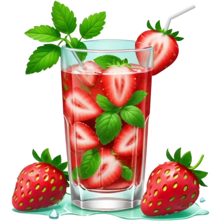 A 3D cartoon glass of strawberry mojito with mint leaves, ice cubes, and sliced strawberries, condensation on glass, bright lighting, Memoji-style realism. emoji