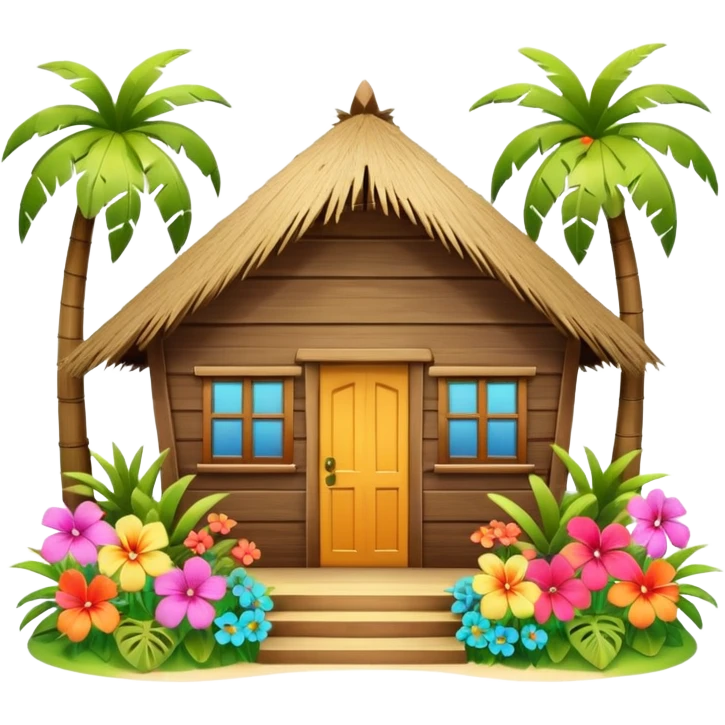 Hawaiian beach house, small tropical house, wooden walls, thatched roof, colorful flowers, palm trees, cute mobile game icon, 3D cartoon, bright colors, soft shadows, clean background, no text, no watermark emoji