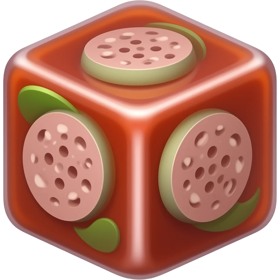 Red Sauce but frozen in a cube. Blend the Cube with the red sauce. Add some small green and sausage slices. The ice cube should be the sauce and there should be no ceramic. Get the outwards of the icecube to match the color of the inner sauce content. Red toned emoji