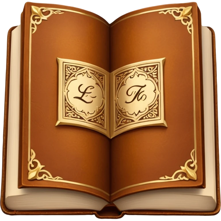 "An open antique leather-bound book with golden edges and calligraphy, detailed embossing, Victorian style, warm brown and gold palette." emoji