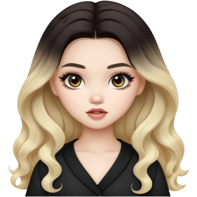 pale skin, girly bratz ASIAN vietnam baddie, beautiful dark brown eyes, pretty makeup, long black to blond ombré wavy hair emoji