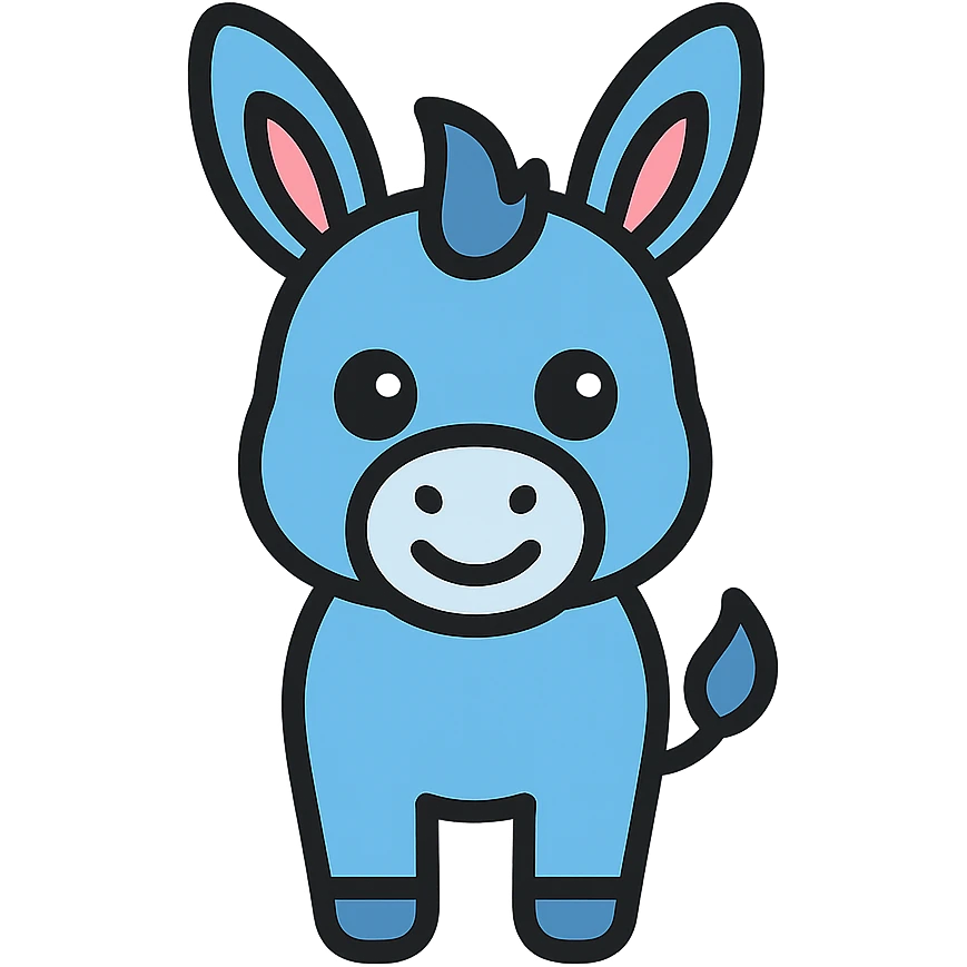 cute blue donkey with big eyes and friendly smile, simple flat design emoji