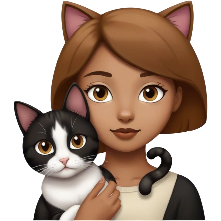 Light brown girl with black and white cat emoji