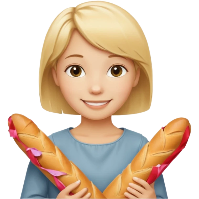 smiling blond short-haired girl with a baguette emoji