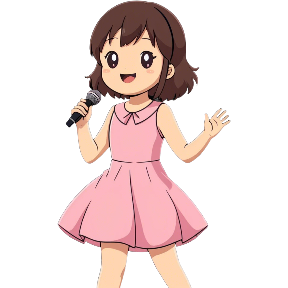 Gorgeous brunette anime girl wearing pink and singing on stage  emoji
