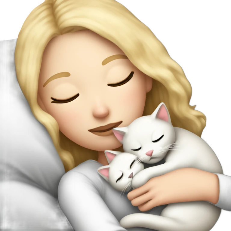 White girl blonde hair sleeping in bed with a kitty in arms. kitty has black and white markings emoji