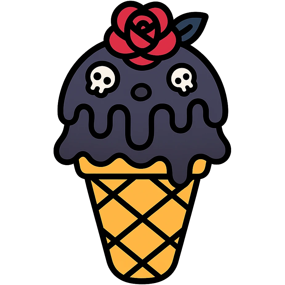 Gothic ice cream with black chocolate drizzle, tiny skull sprinkles, and a dark rose on top in a color outline icon style. emoji