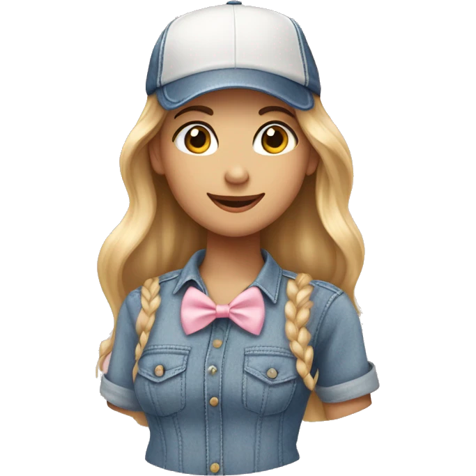 A white beautiful girl wearing denim baseball cap and a soft pink bow tie emoji