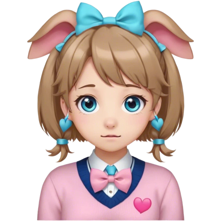 Neuro-sama, AI Vtuber, light-brown hair, blue big round eyes, anime style, pink bow ties in hair, blushing, cute, cyan bow tie on neck, beige sweater, pig tails, white heart hair clip, emoji