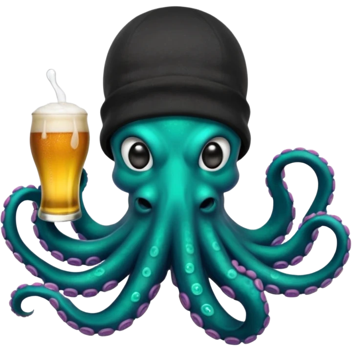Epic octopus with an iridescent green base layer coloring and pearl black secondary layer of color, with teal neon colored suction cups under the tentacles. Octopus is wearing balaclava, a backwards hat, is holding 2 beers, and has a white teardrop face tattoo emoji