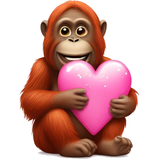 Orangutan sitting down holding a pink sparkly heart while smiling￼ emoji