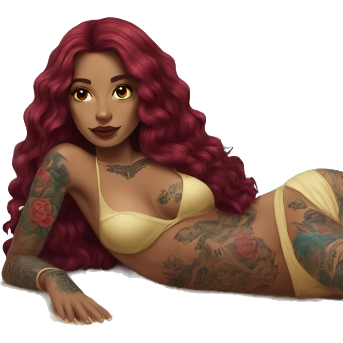 Beautiful tattooed burgundy long haired woman laying on the beach emoji