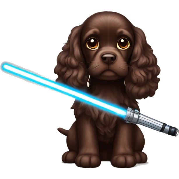 Chocolate brown cocker spaniel with lightsaber emoji