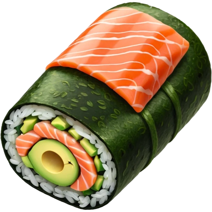 ["Salmon and avocado sushi roll wrapped in seaweed."] emoji