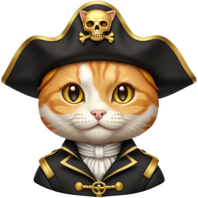 Premium 3D emoji icon of a cute ginger cat pirate, wearing a **pristine white** satin pirate hat with a gold skull icon, and a black and gold captain's jacket. Glossy finish, claymorphism style, soft studio lighting, isolated on white background, 8k resolution, stylized professional look --v 6.0 emoji