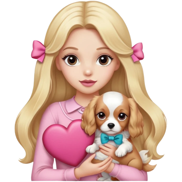 Pretty blonde bombshell girl with long hair and long eyelashes and a pink bow in her hair. She is holding a cavalier puppy in her arms and there is a huge heart behind her emoji