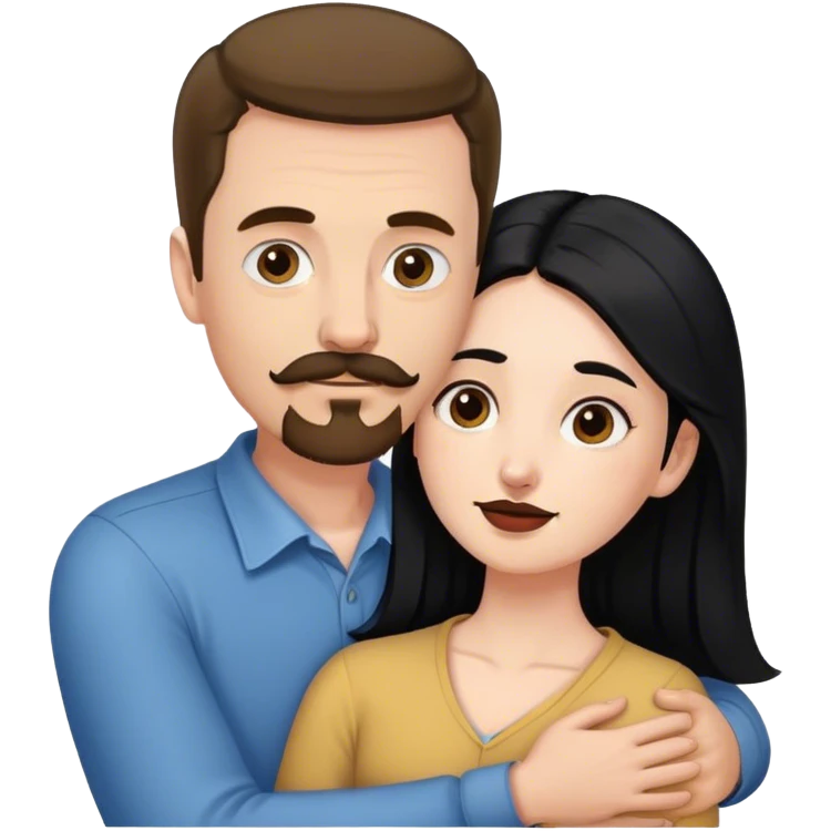 Tall white man with brown mustache and goatee hugging a short pale woman with long black hair emoji