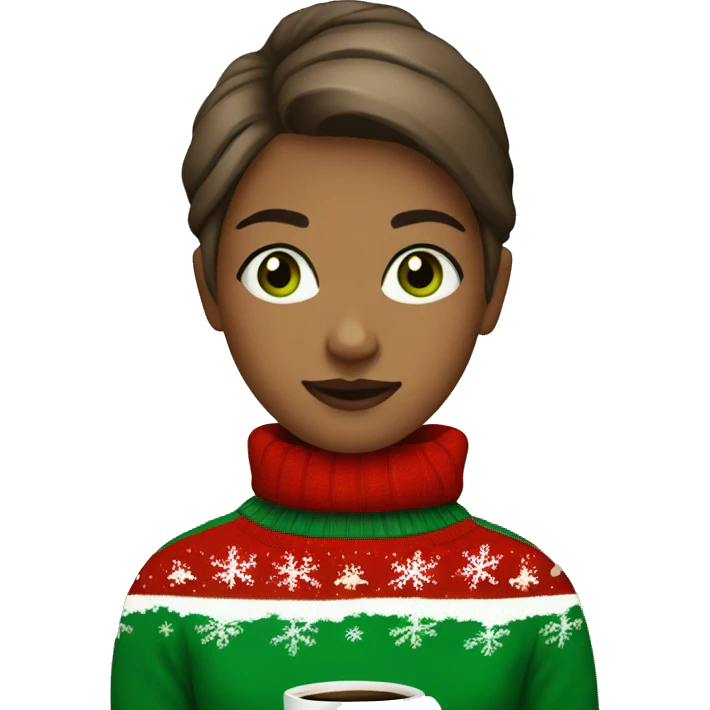 Short haired light brown girl with green eyes drinking coffee wearing Christmas sweater emoji