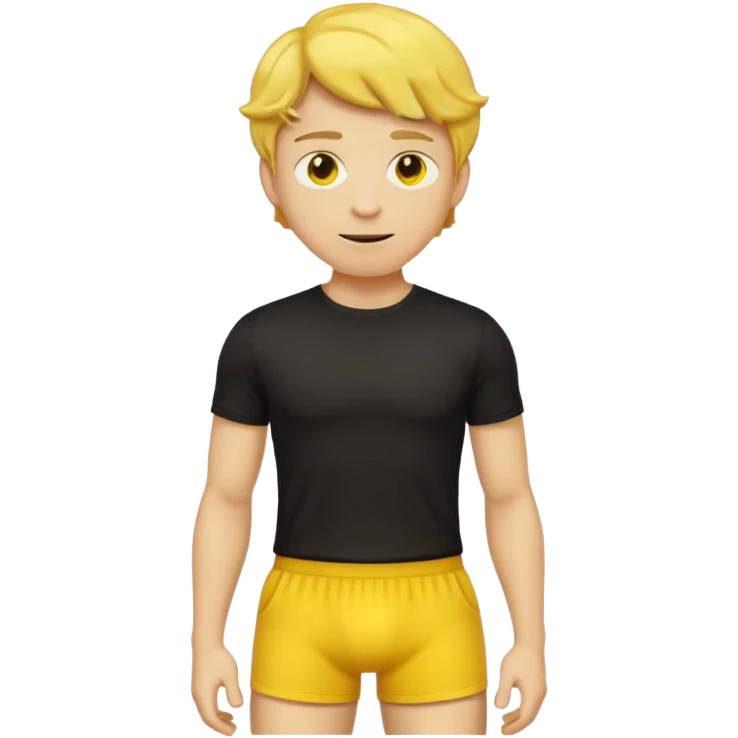 A (yellow-skinned man). (Bright-yellow skin). Yellow face. Yellow emoji. He has short wavy (light-brown hair) and wearing a black t-shirt, and a visible bulge on the groin area molding his testicles. emoji