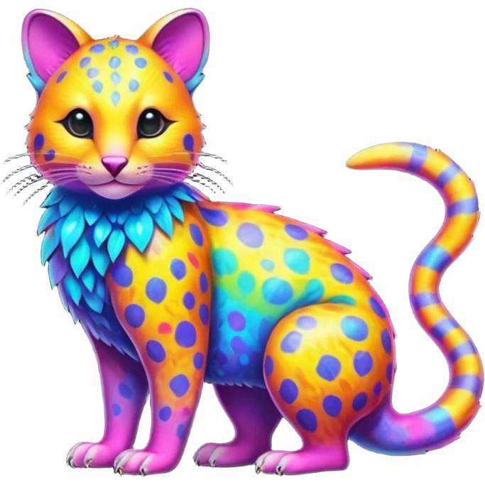 Colorful neon-colored tropical exotic shiny beautiful fantasy-marsupial-feline-Cacomistle-oncilla-animal-hybrid (full body) emoji