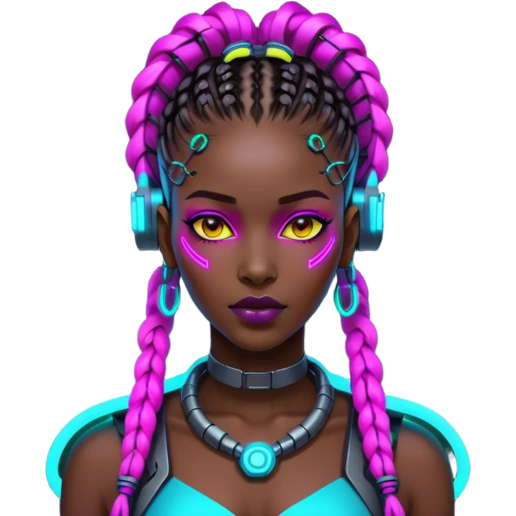 Cyberpunk African woman with futuristic braids, neon glowing accessories, tech implants, and vibrant colors emoji