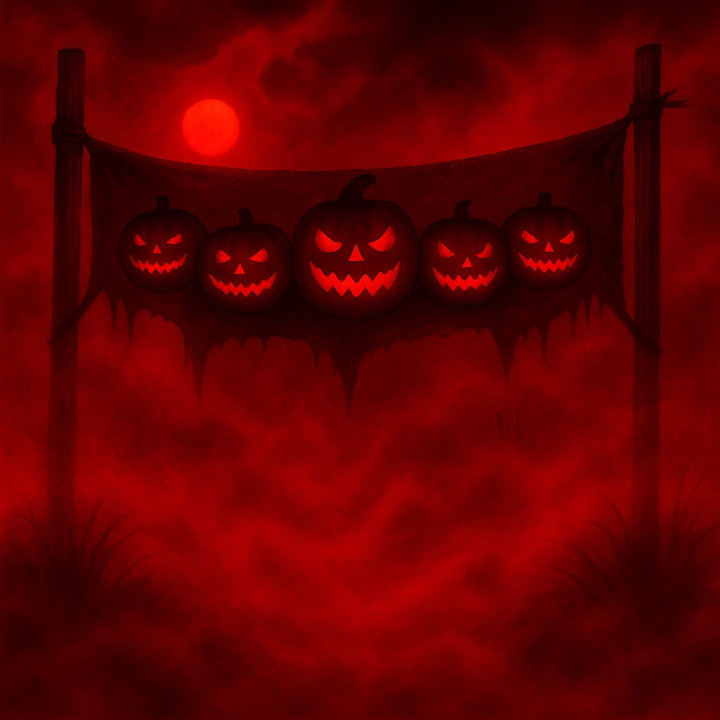 Change the color scheme to red and black with intense red fog and mist, creating an overall red horror palette. Keep all other details unchanged. emoji