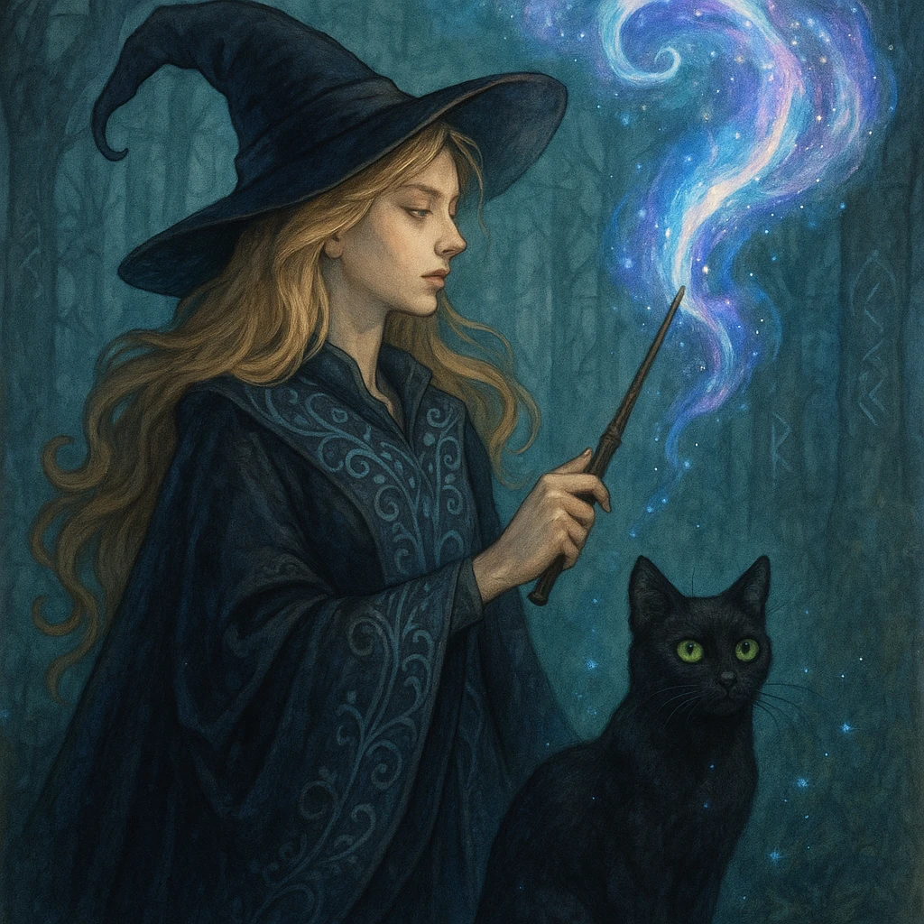 A detailed illustration of a blonde witch with a black cat, casting a spell emoji