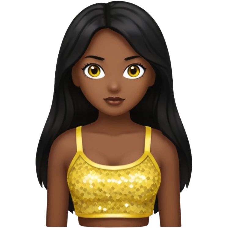 Christie from Barbie & Friends with brown eyes, long black hair, yellow sequin crop top, dark skin emoji