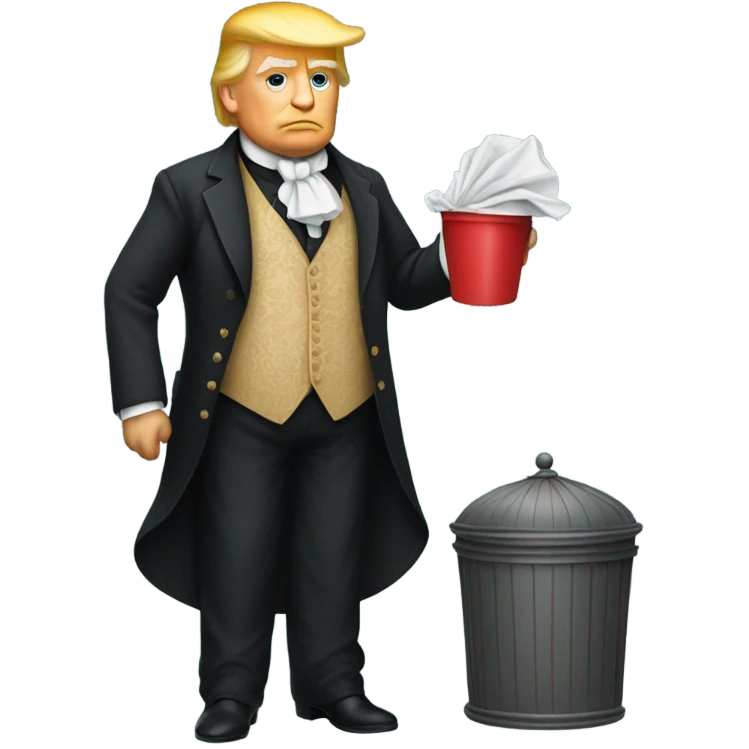 trump in Victorian dress elegant, full body, holding a trash bidon emoji