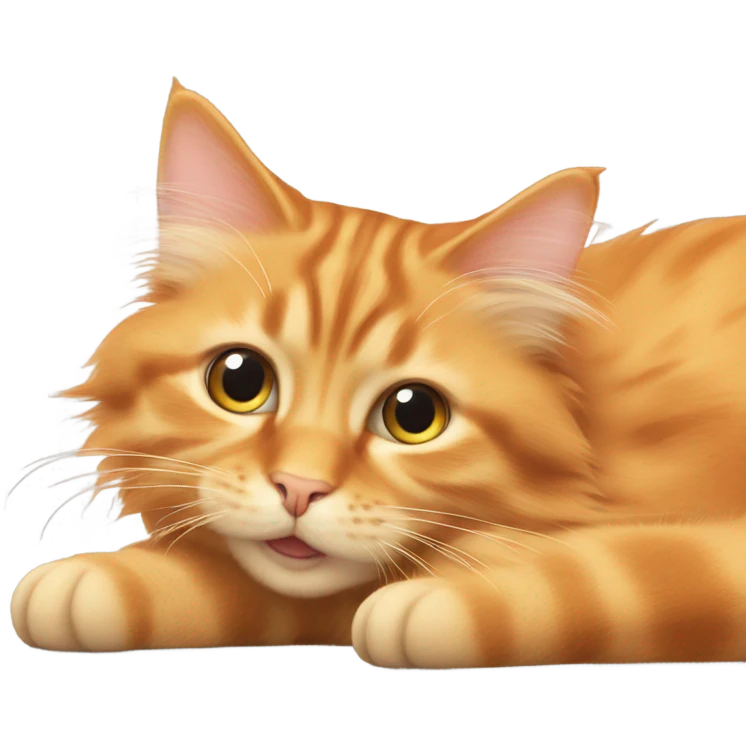 orange long hair cat, cute laying down with paws up and big eyes cute emoji
