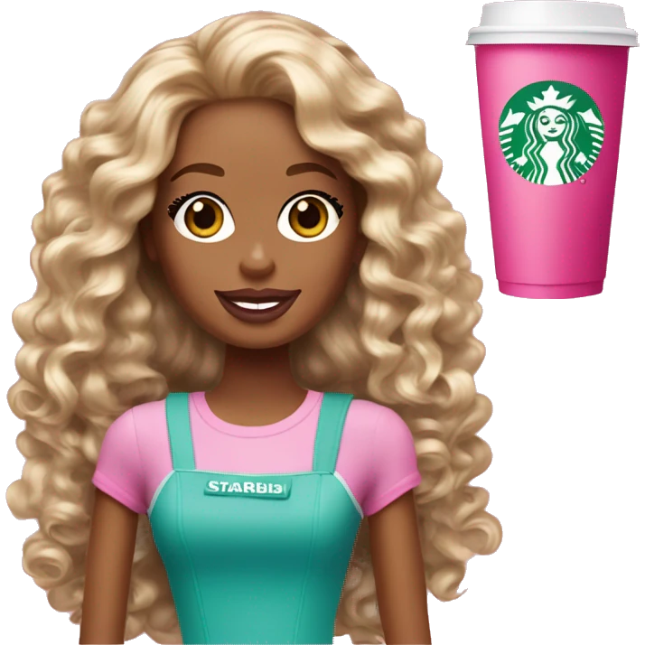 Barbie girl with brown and blonde long curly hair holding Pink starbucks refresher emoji