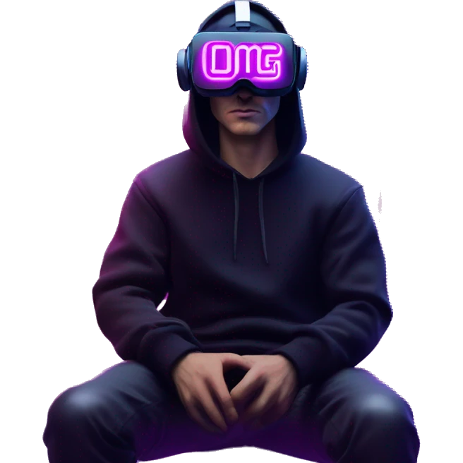 Russian man wearing a black hoodie with "OMG" letters on it and VR headset in a cyberpunk VR environment with violet neon lighting. emoji