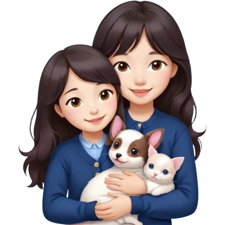 Cute asain girl with a cute smile, long dark brown wavy hair, straight bangs covering forehead, pink blushy cheeks. Wearing a cute navy blue cardigan,. Cuddling a white kitten and dashund puppy  emoji