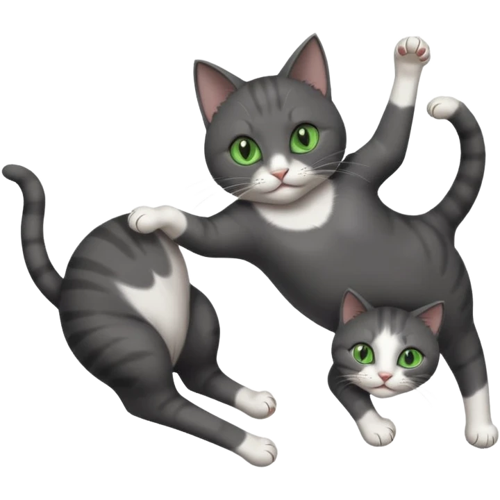 beautiful female solid dark grey cat with green eyes, white toes/paws and white patch on her chest playfully rolling upside down emoji