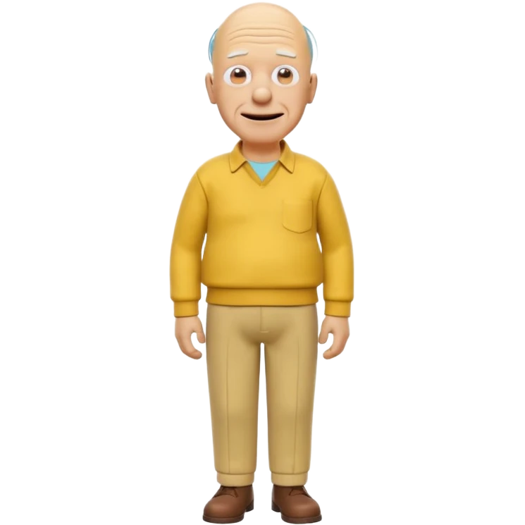 A 3D cartoon elderly man entirely yellow, styled like Grandpa Simpson, bald head with few hair strands, wrinkled face, yellow shirt and trousers, kind smile, cinematic Memoji-style render matching other Simpsons characters. emoji