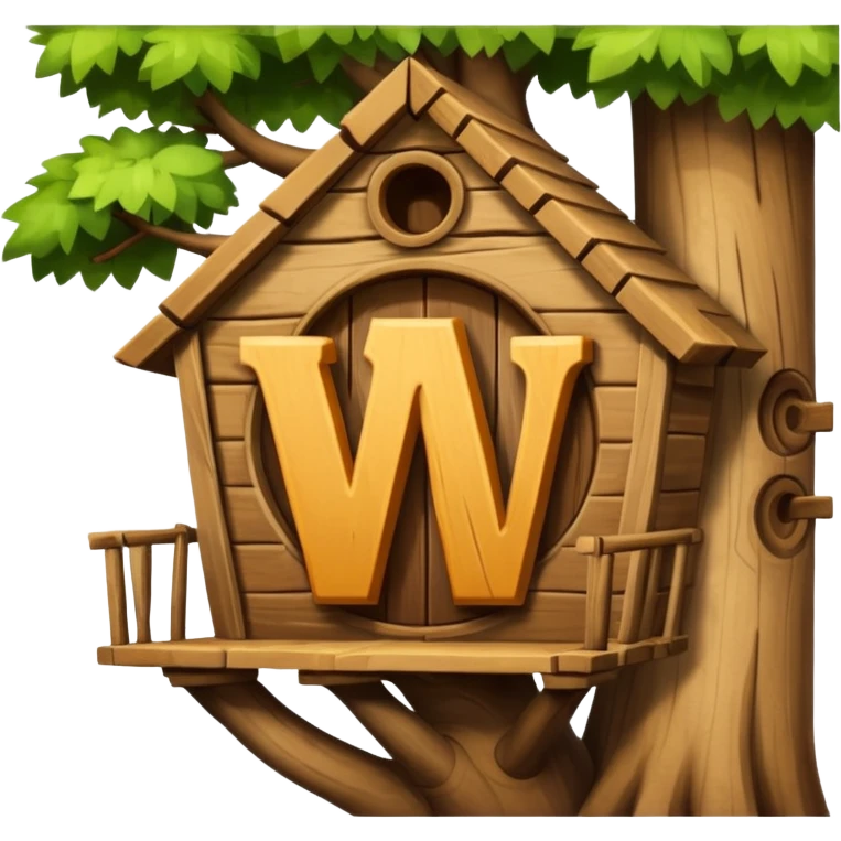 letter W on the side wall of a treehouse in a tree emoji