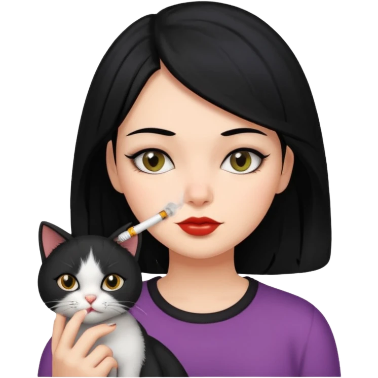 Girl with black hair smoking with her cat emoji