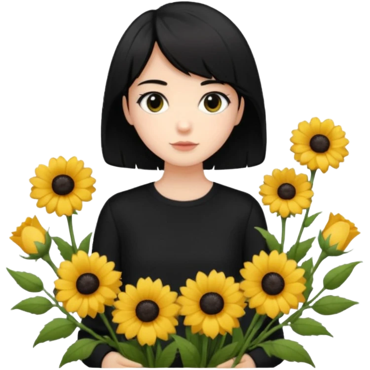 a pretty bratz fair girl with short black shaggy hair with a tall boy and flowers wearing black emoji