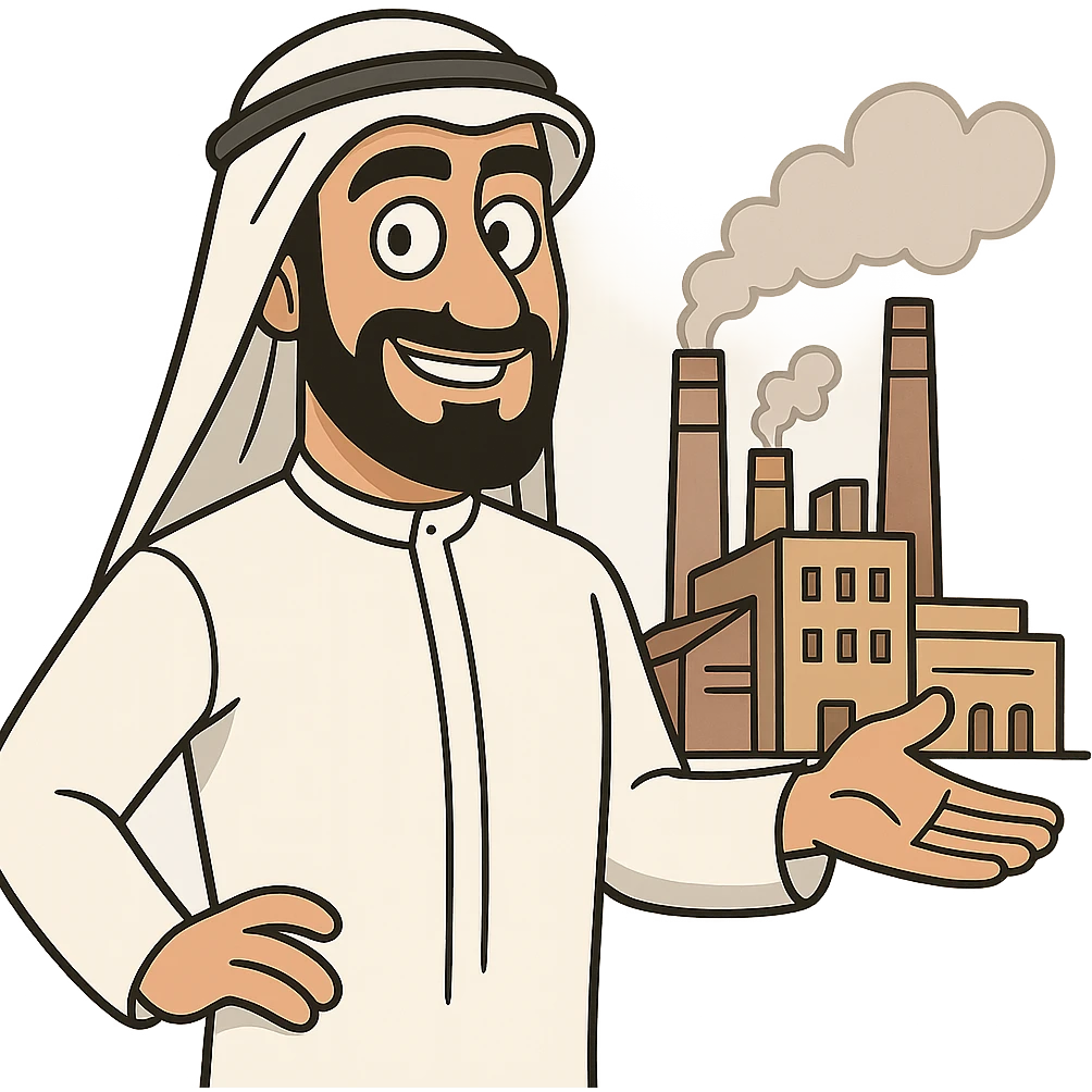 an Arabian factory owner in cartoon style, wearing traditional attire, confident and friendly expression, suitable for branding, no background emoji