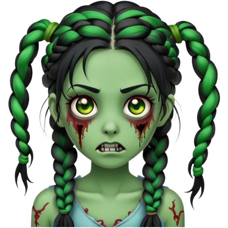 zombie girl, green skin color, black hair, long hair, hair braided on both sides  emoji