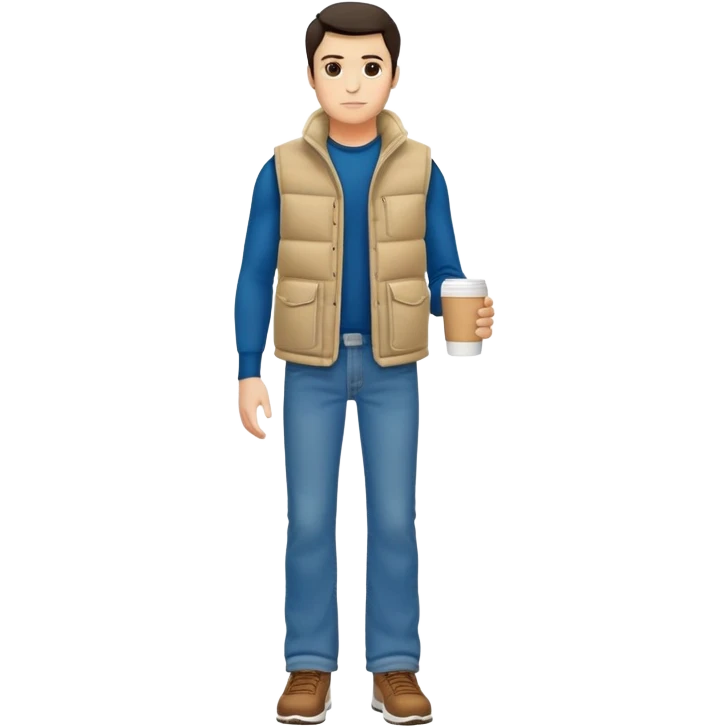 full body man with plain puffy winter vest with no pockets over long sleeved shirt wearing straight levi boot cut levi blue jeans with no cuffs and tennis shoes holding coffee mug in his hand emoji